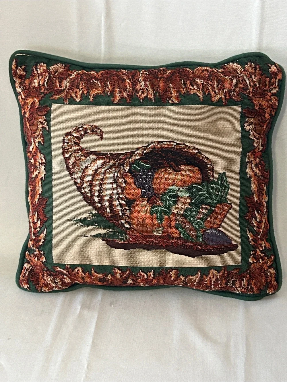 Autumn Tapestry Cornucopia Decorative Pillow - Greens, Oranges, Browns 10”x10